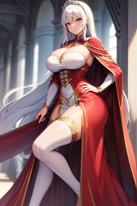 milf, 30 years old, (highres, masterpiece:1.2), white hair, robe, red robe, (large breasts), thick thighs, standing, pelvic curtain, tiara, thighhighs, v-neck, strapless dress, blue eyes, expressionless, long hair, (layered dress, elaborate clothing, detai...