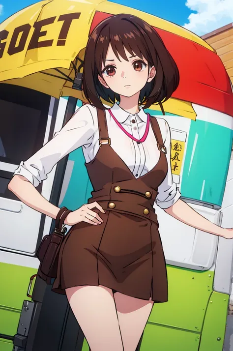 Beautiful cute pretty anime girl with short black wavy hair chocolate brown eyes wearing journalist outfit