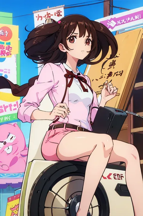 Beautiful cute pretty anime girl with short black wavy hair chocolate brown eyes wearing journalist outfit