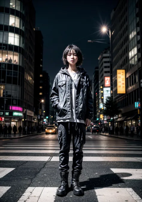 Photography, aerial view, professional model, standing on massive a complicated crosswalk center inspired by Shibuya scramble, stare into the camera, wearing black washing safari long jacket with black hoodie, black cargo pants, dark grey boots, realistic ...