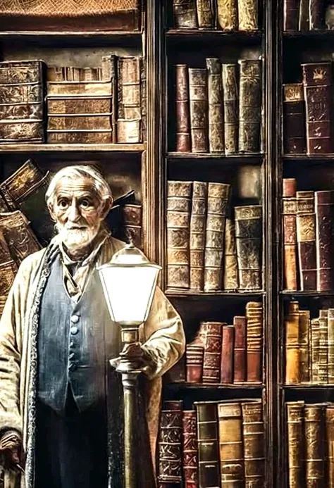 a wise old man standing in front, illuminated by the light of a lamp, with a library as the background, digital art, highly detailed, photorealistic, dramatic lighting, warm color tones, intricate textures, 8k, masterpiece