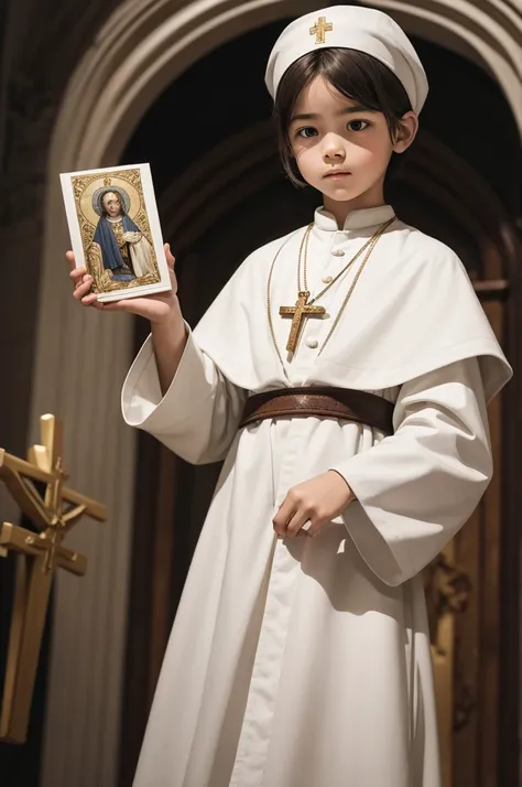 Little  in white holding images of Catholic saints in his hand 