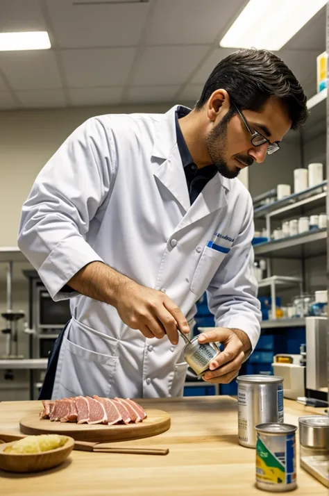 A man in a food laboratory analyzes a can of tuna 