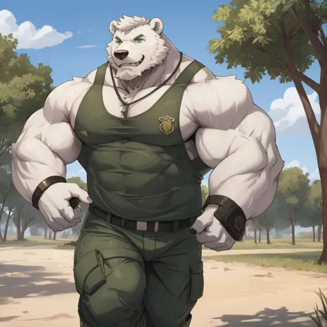 solo, 1boy, Huge Muscular White Polar Bear, huge white fur, pectoral, huge pectoral, wide pectoral, short white hair, green army tank top, green military pants, black wristbands and army boots, bearded, white Mustache, white fur, tooth necklace, military t...