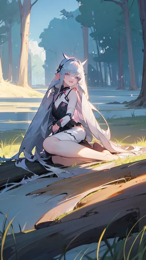 beautiful girl、anime、Bare Skin、sleep(1:3)、Lakeside、Tree roots、On the grass、Starry Sky、breeze、Hot body、Silver Hair、Ears sticking out from long hair、Clear eyelashes、Double teeth、lingerie、moonlight、Great style、Clenched fist