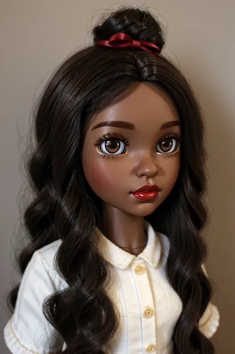 Blythe doll, dark skin, big brown eyes, no bangs, almost straight wavy hair, a little big nose, red lips and split beard