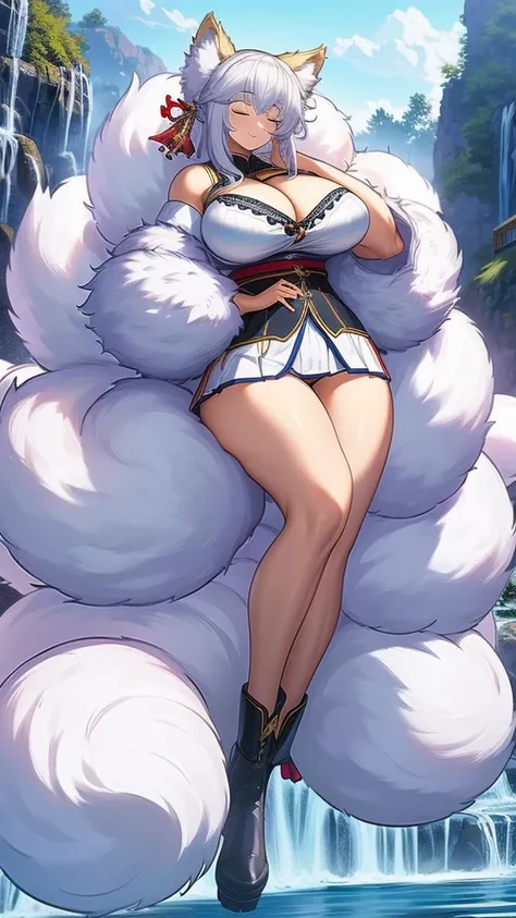 one woman, kitsune girl, kitsune ears, extremely large 9 tails, pure white hair, extremely huge fluffy hairstyle, eyes closed, s...