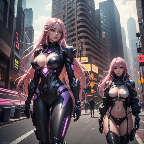 Sexy mechanical girl with prosthetics, cybernetic prostheses with elements of flesh, long pink hair, violet eyes, mechanical exoskeleton, android robot, big hips, bust, open neckline, panties seen, background city metropolis in anime style futuristic 