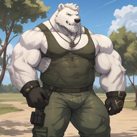 solo, 1boy, Huge Muscular White Polar Bear, huge white fur, pectoral, huge pectoral, wide pectoral, short white hair, green army tank top, green military pants, black wristbands and army boots, bearded, white Mustache, white fur, tooth necklace, military t...