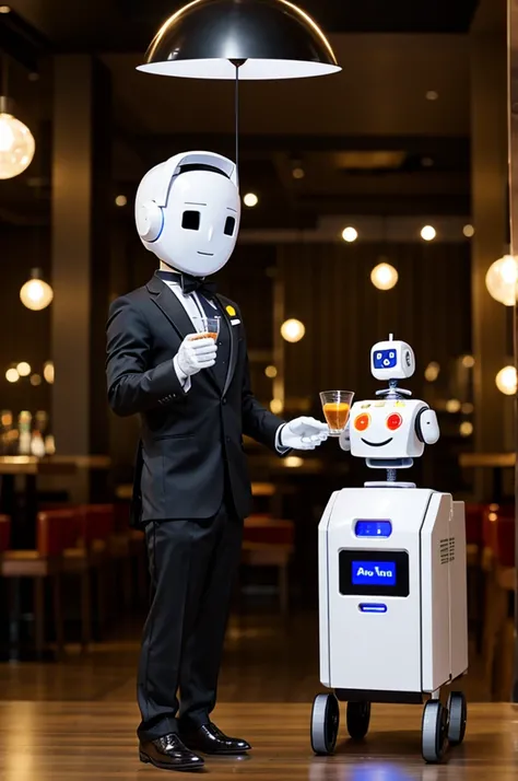 Small waiter robot serving in a restaurant delivering drinks