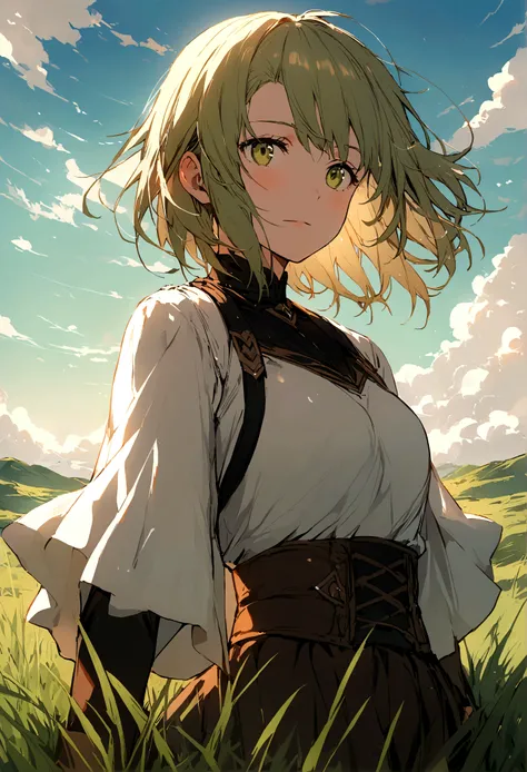 Girl with short hair，grassland，pastures，wind