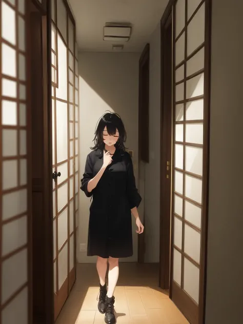 (masterpiece:1.2, best quality:1.1, highres,absurdres, high quality),(photorealistic:1.1),reflected light, colorful,ultra-detailed, ultra hd, super detailed,
yotsuya miko, open door, sleepwear,  messy hair, black hair, yellow eyes,( open door):1.4, house, ...