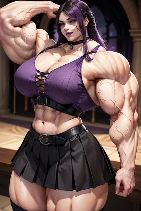 ((((Massive tall, beautiful, buff, pale white skinned muscular woman with violet purple hair, black lipstick, ginormous bulky muscles and wearing a violet pleated shirt with beautiful long pleated skirt)))), (close view), (massive muscles), long hair with ...