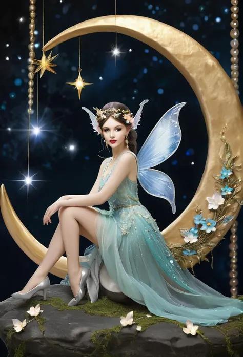 Fairy gracefully sitting on a half moon,, magic background, refined details 