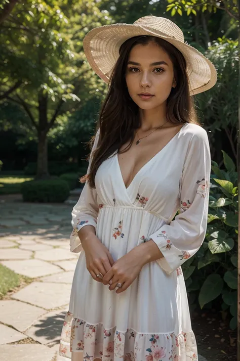 1girl in, 30 years old, Square face, Long hair, Looking at viewer, jewelry, Reality, Sexy, in a flowing A-line, floral dress complemented by a wide-brimmed hat, in a picturesque park or botanical garden