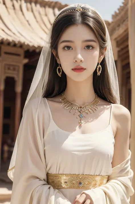 (((best quality))),(((ultra detailed))),(((masterpiece))),illustration,1girl, solo,princess, Arabic,slim,thin,flat chest,small breasts, ((palace, desert)), gold, gemstones,headscarf, veil on face,white sheer traditional clothing, hairband, deep eyes, elega...