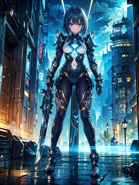 (((masterpiece, highest quality, 8k)))(((masterpiece, best quality, high detailed, 8k))) Design a layout showcase Gaming character, (1girl). Blue+Silver high-tech battle suit, stylish and unique. ((weapon:1.4)), energy blaster. (masterpiece:1.2), (best qua...