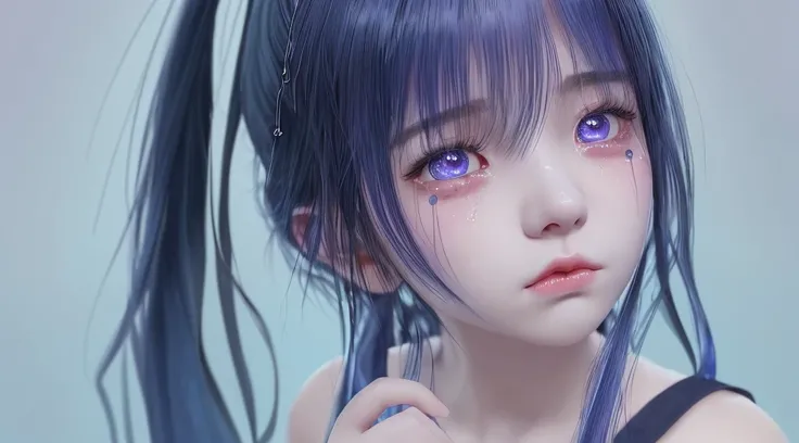 Tears are running down her cheeks、Not tying hair、Black hair band、Light blue and purple hair、Girl、Dark navy blue clothing that exposes the shoulders、Tears flowing、Facing the top right、I&#39;m asking for grace with both hands、Landscape、Whimpering、sad look