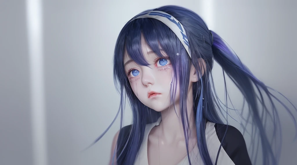 Tears are running down her cheeks、Not tying hair、Black hair band、Light blue and purple hair、Girl、Dark navy blue clothing that exposes the shoulders、Tears flowing、Facing the top right、I&#39;m asking for grace with both hands、Landscape、Whimpering、sad look