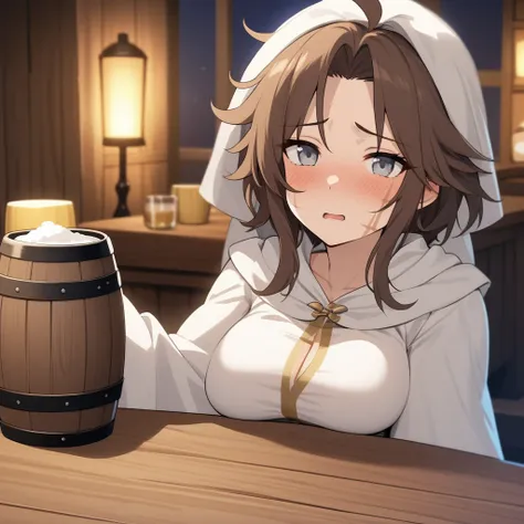 Adult Female, very short brown hair, grey eyes, scar on left cheek, drunk, white on white cleric robes, fantasy tavern, nighttime, mixed patrons, drinking from tankard, not looking, far away, apathetic, highly detailed, high quality, perfect anatomy, tired...