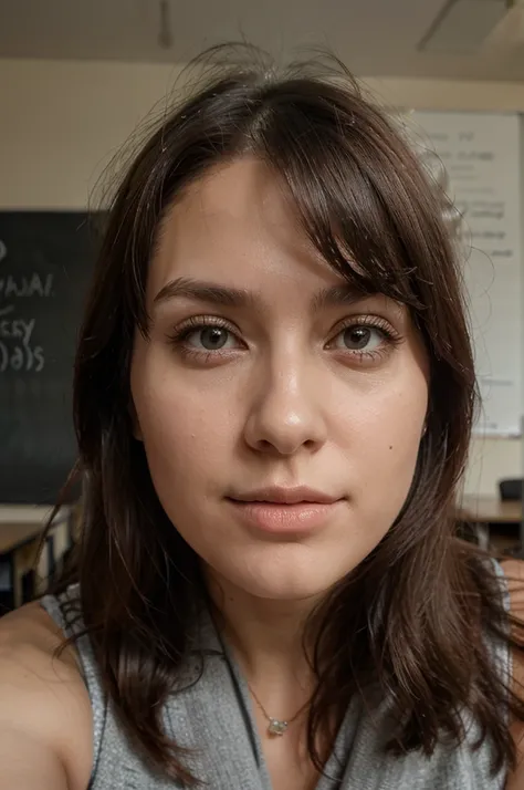 1girl in, 30 years old, Square face, Long hair, Looking at viewer, jewelry, Realistic, Sexy, teacher outfit, classroom background, free pose