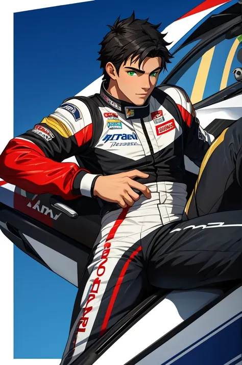 a handsome and sensual 18 year old male, athletic body, black hair, green eyes, wearing a racing drivers outfit.