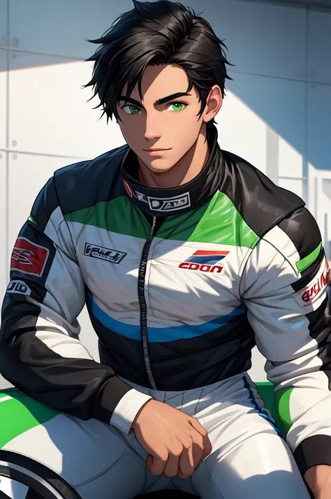 a handsome and sensual 18 year old male, athletic body, black hair, green eyes, wearing a racing drivers outfit.