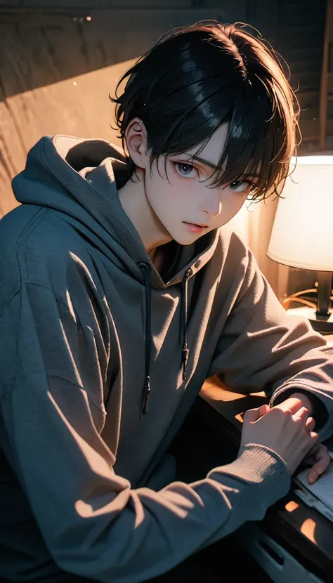 (8K, RAW photos, best quality, masterpiece: 1.4), (((Boy turns on the desk lamp)))，Ultra-high resolution, Extremely detailed, light, closeup of arms, handsome boy, black eyes, (delicate eyes, Eyes are bright:1.2), Gray short hair, Fair skin,dark, Grey swea...