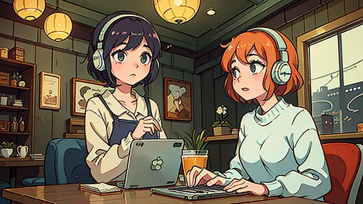 Create a nostalgic anime-style scene set in a cozy cafe. The character, wearing retro headphones, is immersed in their laptop, surrounded by vintage decor. Capture the warm, lo-fi music vibe.