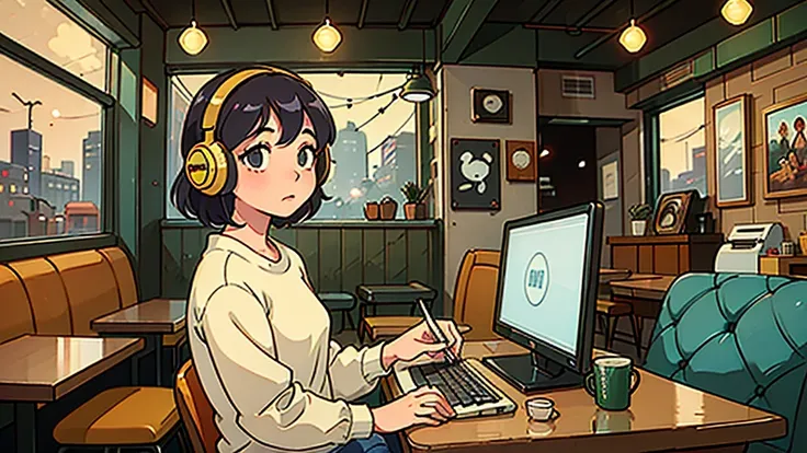 Create a nostalgic anime-style scene set in a cozy cafe. The character, wearing retro headphones, is immersed in their laptop, surrounded by vintage decor. Capture the warm, lo-fi music vibe.