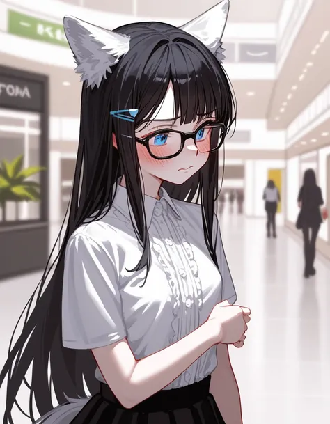 Solo, score_9,score_8_up,score_7_up, source_furry, a young nerdy Anthro furry wolf girl, wolf snout, white furry body, white fur, detailed fur, tall, long black straight hair, elegant black hair, hair clip, white wolf tail, blue eyes, black glasses, white ...