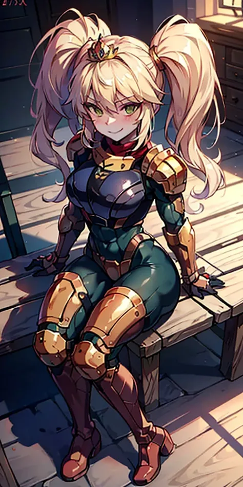 Lancer Artoria body (Alexis Texas Face), elegant adult female, blonde, green eyes (yellow eyelashes) crown, turtleneck, full body sitting on a bench, showing ass to me, RED breastplate, RED skin (1SologirlRED skin:1.2), looking at viewer, shiny, armor, thi...