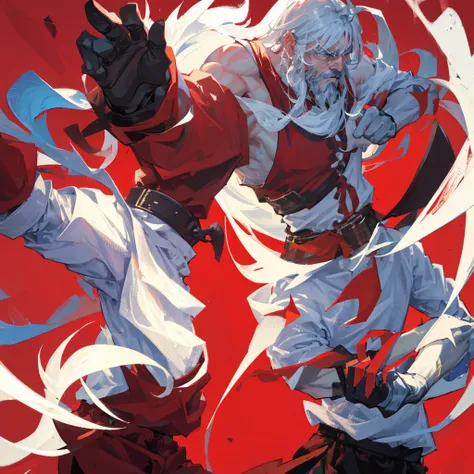 An old man，strong，High martial arts，Beard，White hair，Boxer，Chinese martial arts，((Pure red background))