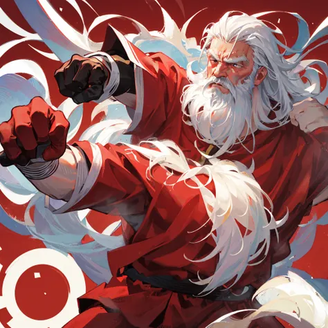 An old man，strong，High martial arts，Beard，White hair，Boxer，Chinese martial arts，((Pure red background))