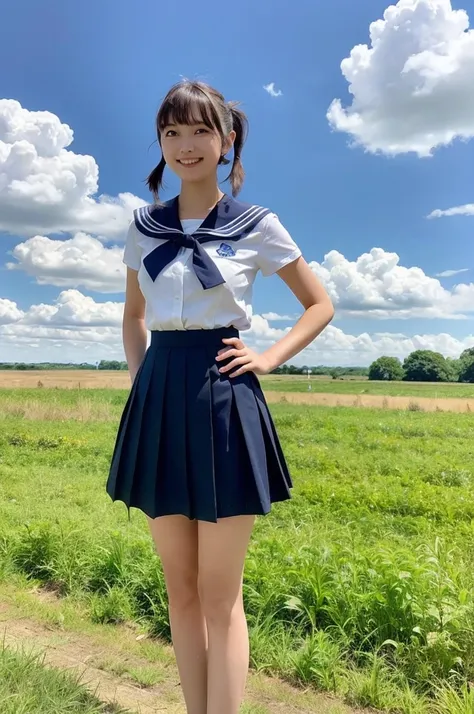 girl standing in rural field,cumulonimbus cloud in summer blue sky,running train on railway,sailor shirt and navy blue pleated skirt,18-year-old,bangs,a little smile,thighs,knees,wet short hair with low pigtails bunches,from beside,front light