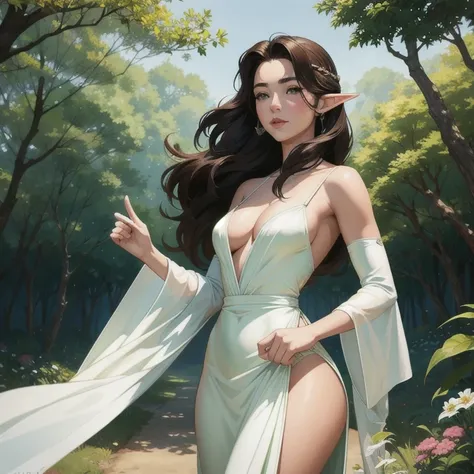 ((work of art、highest quallity、super verbose、high resolution、realisitic、sharp focus))、cowboy shot、hight contrast、 ((Very delicate and beautiful))、female elf、Deedlit、Cabelo loiro featuringprido、Round face、green and white clothes、at the forest、fantasy charac...