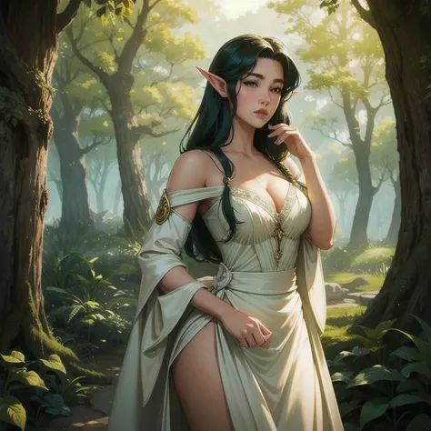 ((work of art、highest quallity、super verbose、high resolution、realisitic、sharp focus))、cowboy shot、hight contrast、 ((Very delicate and beautiful))、female elf、Deedlit、Cabelo loiro featuringprido、Round face、green and white clothes、at the forest、fantasy charac...