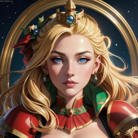 a beautiful portrait of empress, hair blonde, perfect blue  eyes, with a brilliant, impossible to reach the big christmas helmet...