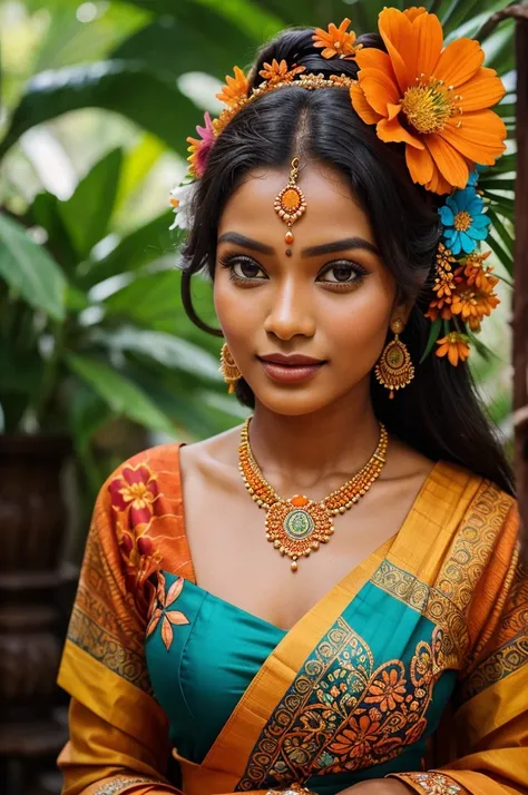 a close up of a woman in a colorful dress with a flower in her hair, extremely gorgeous woman, matchless beauty, queen, very beautiful enga style, with colourful intricate, candid shot, traditional beauty, candid picture, orange details, wearing intricate,...