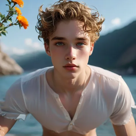 Behold a fashion editorial photo shoot featuring a photogenic and charming 17 year old male supermodel, With his prince-like eyes, sweet smile, and an angelic face adorned with natural blemishes and freckles, he boasts short curly hair, a symmetric face, a...