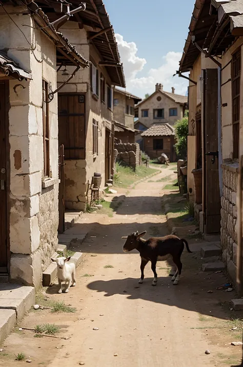 There was a small  being chased by a goat in a very real village 