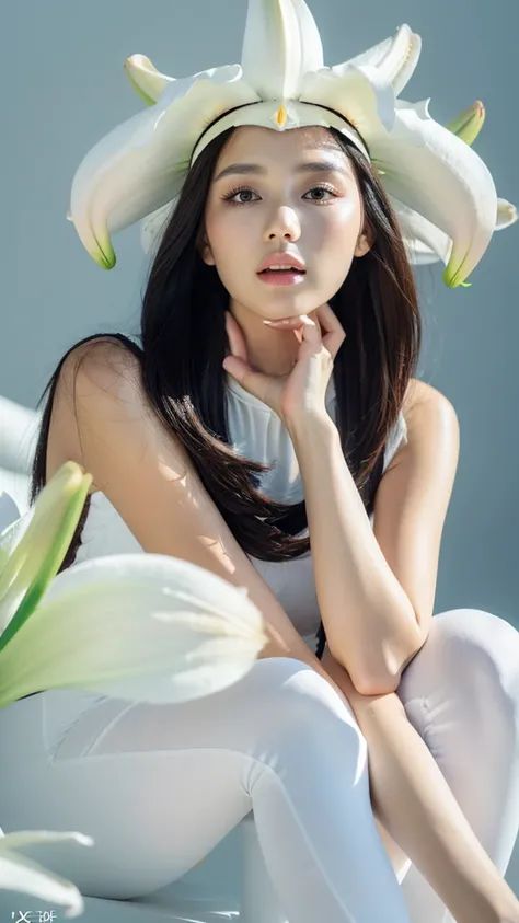 (((a white lily))),(detailed face),(crotch),normal breasts,pretty,sleeveless and turtle neck white silky clothes,4k ,super high resolution ,(photo-realistic: 1.7),white background,black long hair,