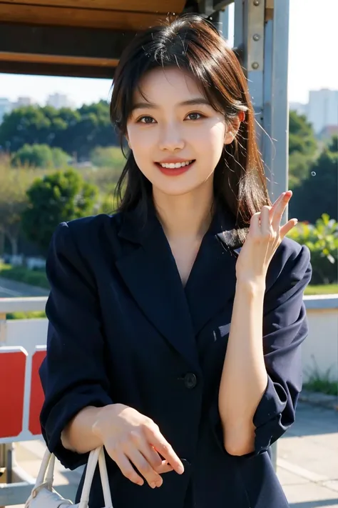 Woman in her early 20s,alone, Natural smile with visible teeth, Navy Business Suit , Use your palm to navigate the side menu, View your audience, One hand is clenched into a fist, Encourage, support