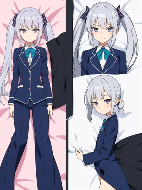 1girl, anime girl, silver hair, long twintails, silver eyes, dark blue school suit, anime body pillow dakimakura style, closed mouth small smile, small closing eyes