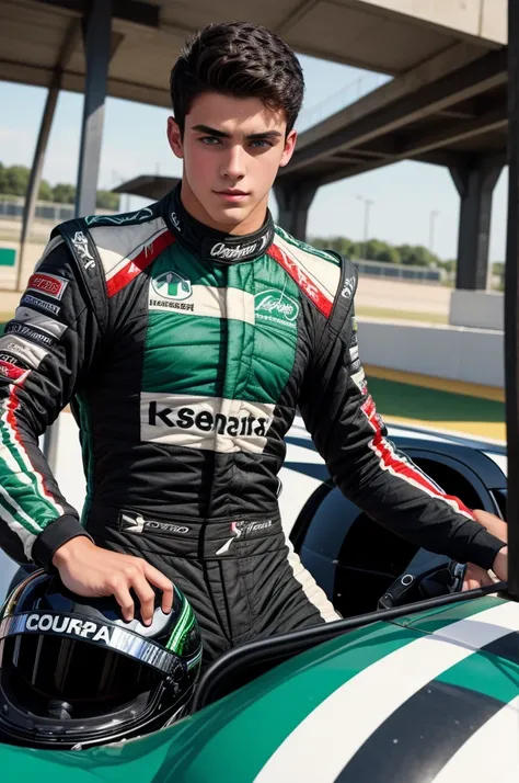 a handsome and sensual 18-year-old male, athletic body, black hair, green eyes, wearing a racing drivers outfit, showing his chest.