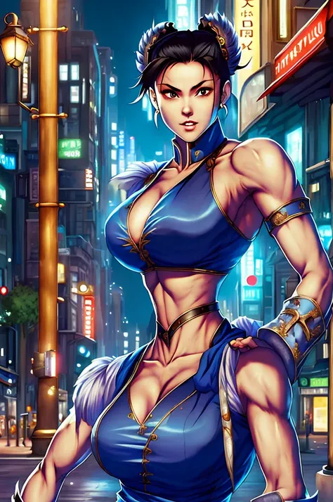 ((masterpiece,best qualtiy)),1girl,solo,ChunLi,upper body,beautiful night street background
