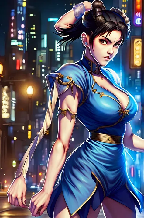 ((masterpiece,best qualtiy)),1girl,solo,ChunLi,upper body,beautiful night street background
