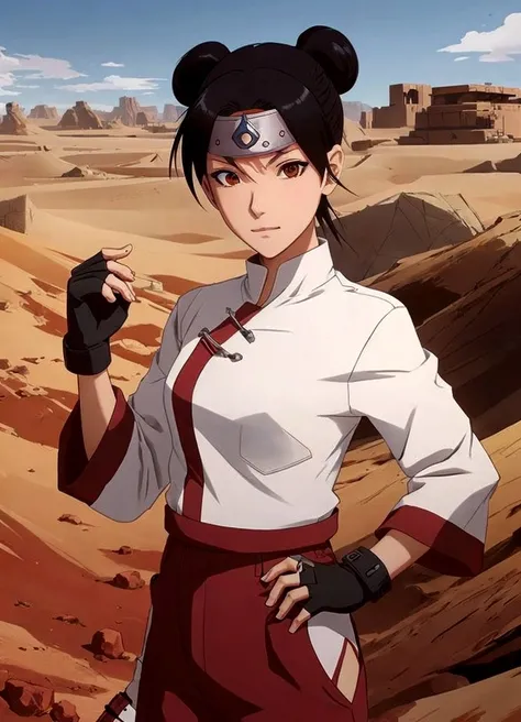 anime girl in a white shirt and red pants standing in a desert, official art, female 👀 :8, makoto shinkai ( apex legends ), inspired by Chen , female anime character,  and , best anime character design, kunoichi, anime style character, high quality , anime...