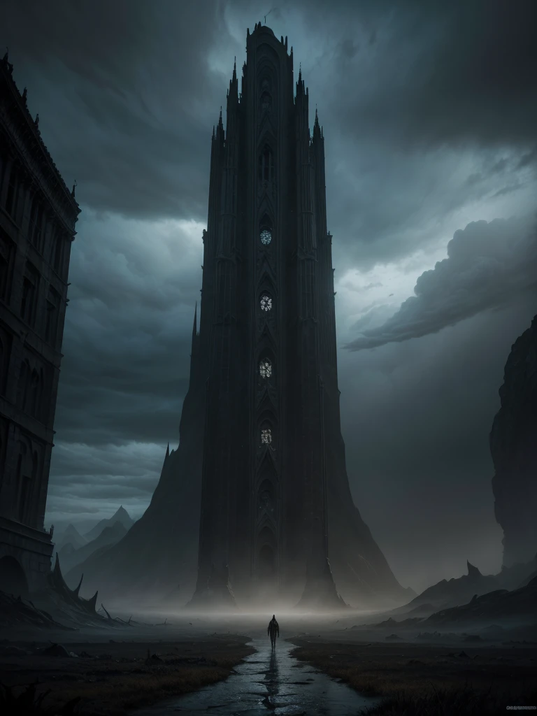 there are many people walking in a deserted area under a cloudy sky, grimdark dark fantasy painting, a sinister fantasy illustration, dark fantasy painting, matte digital painting, surreal matte painting, apocalypse landscape, dramatic matte painting, vall...