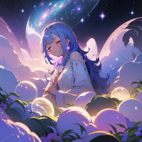 A girl dreaming while sleeping in a beautiful garden, with stars and galaxies surrounding her. (best quality, highres, ultra-detailed), dreamy atmosphere, glowing flowers, surreal colors, soft lighting, ethereal beauty, twinkling stars, mystical ambiance, ...